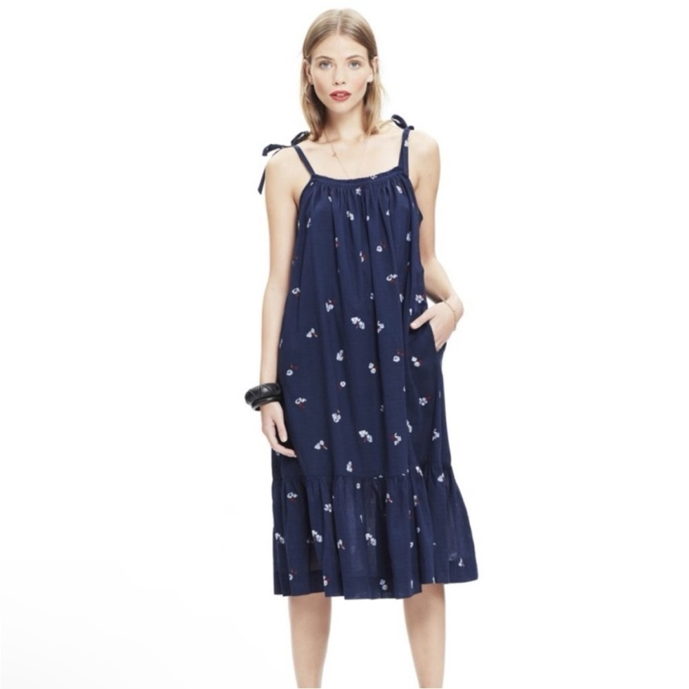 Hatch 100% Cotton Blue Floral Shoulder Tie Strap Maternity Midi Dress